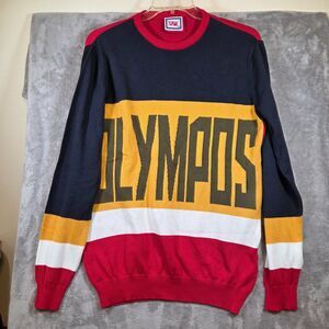 SAW OLYMPOS Men's XL Colorblock Sweater Navy Red Yellow White Cotton Blend Knit